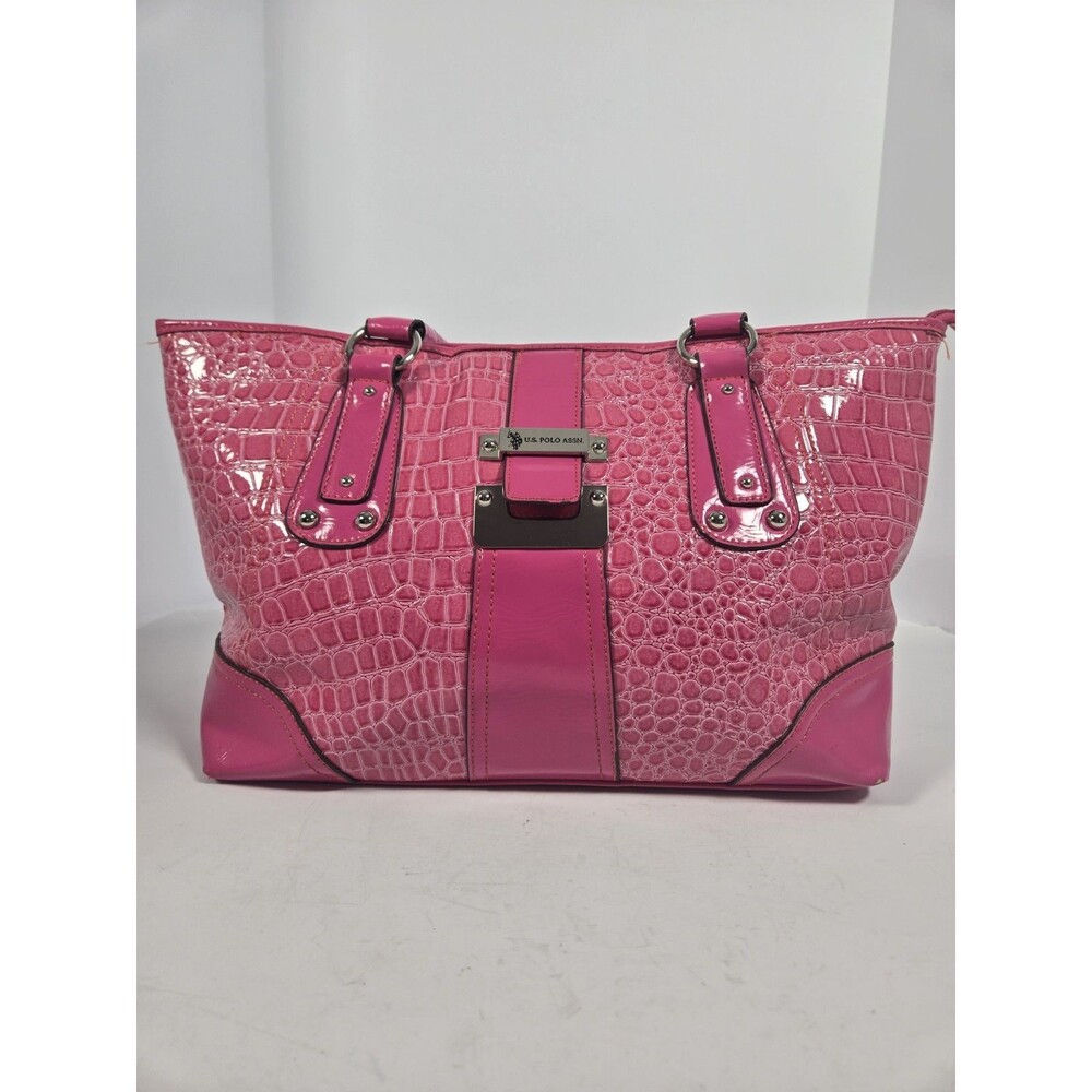 U.S. Polo Assn Pink Croc Embossed Tote Bag Y2K Vinyl Shoulder Handbag